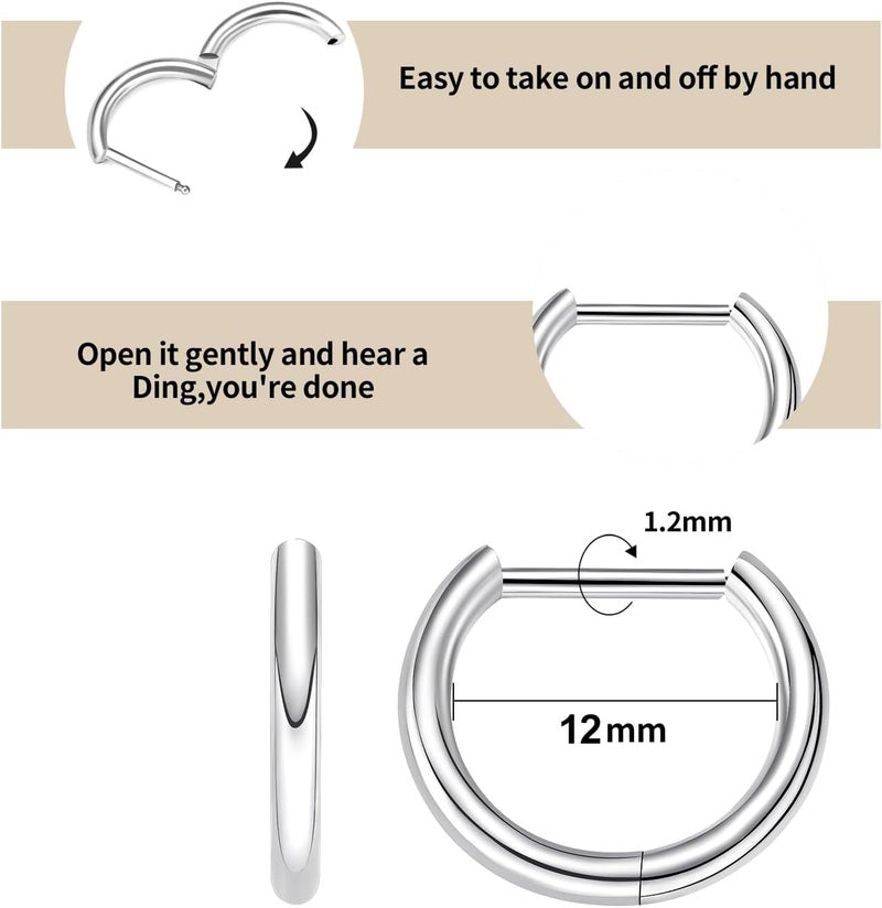 VOJO G23 Titanium Silver Hoop Earrings Small Huggie Earrings Hinged Lobe Cartilage 16G for Sensitive Ears - Image 3